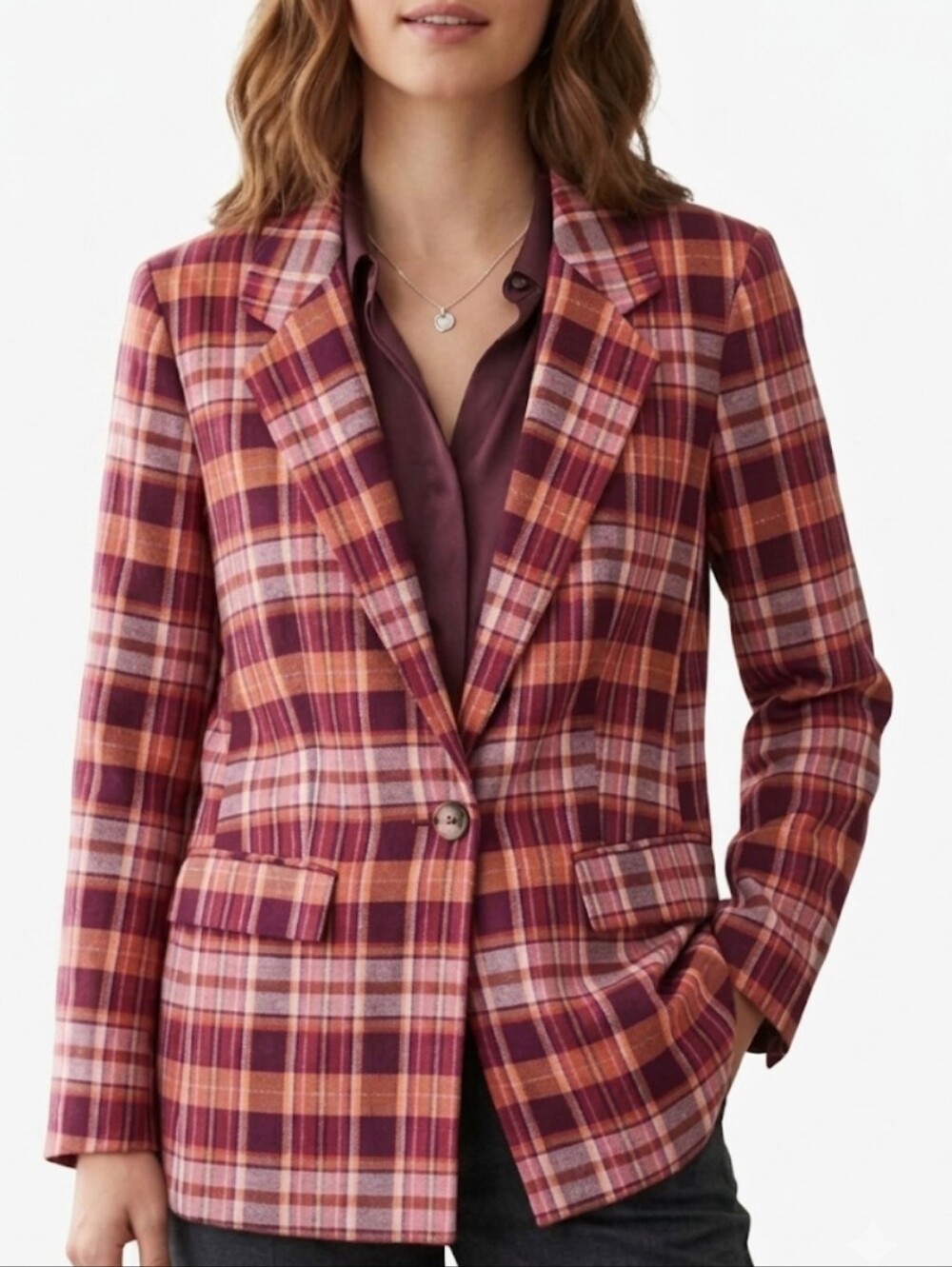 Maeve Slim Plaid Blazer Long Sleeve Button Front Preppy